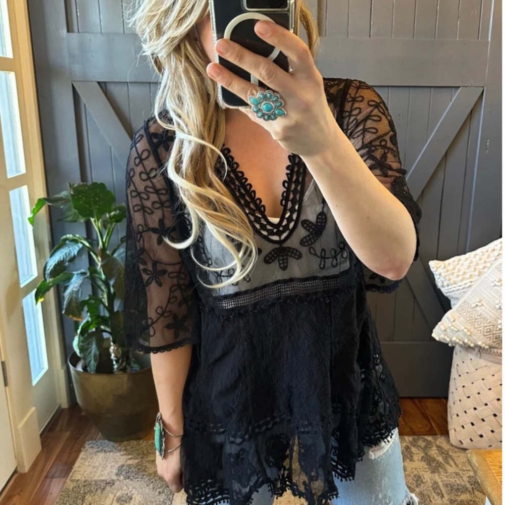 New Black Lace Crochet Boho Folk Tunic Blouse Top Cover-Up Womens Mini Dress